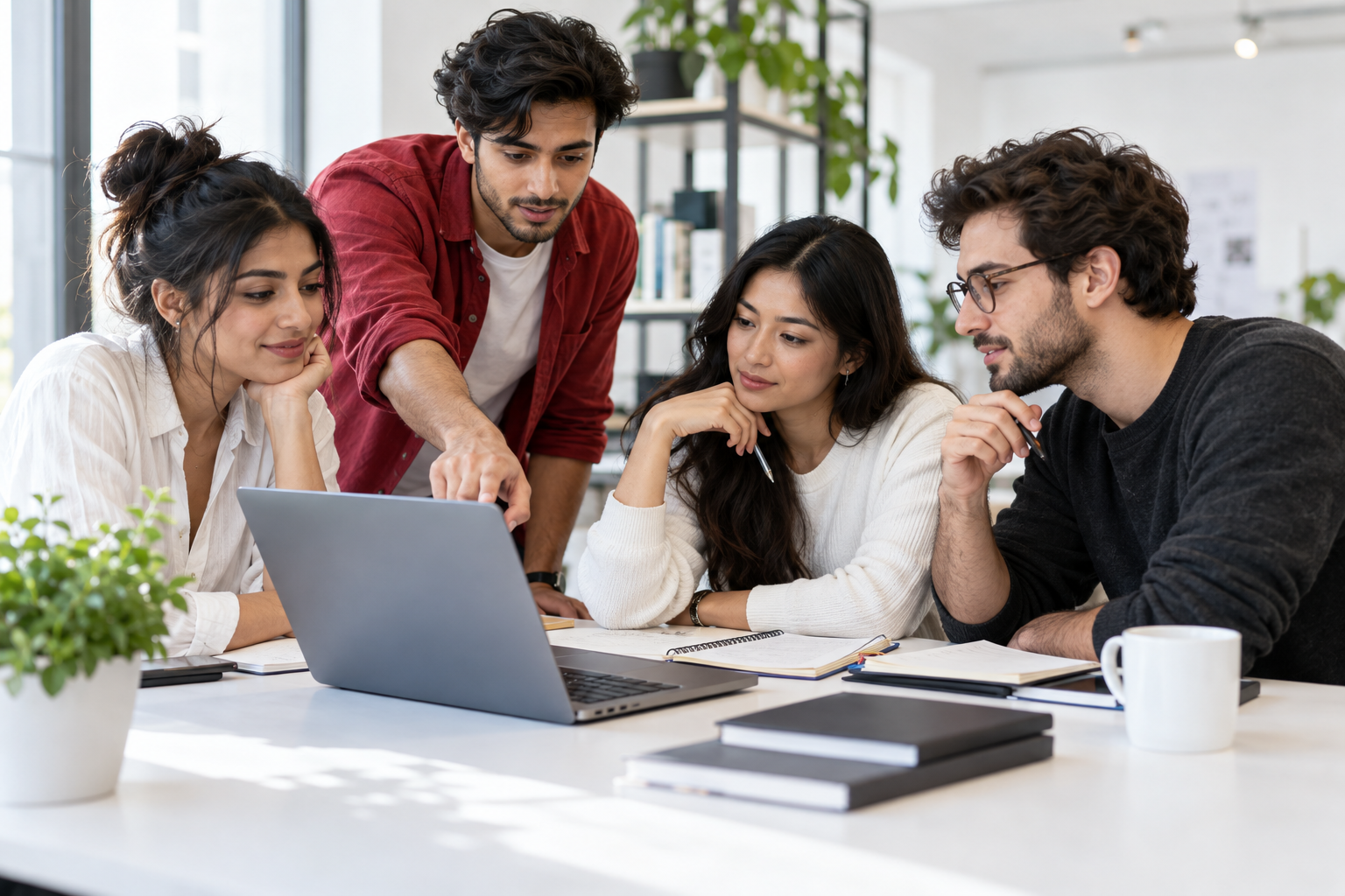 Illustrative scene of developers and students discussing a website project around a laptop